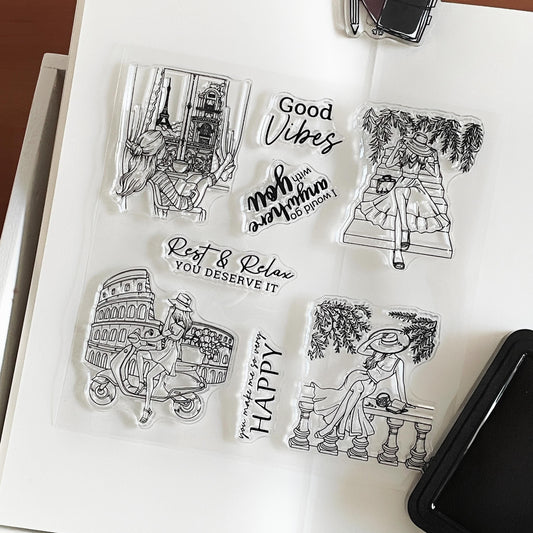 Traveling Girl Clear Stamp | Travel Lover Transparent Rubber Stamps | Bullet Journal Planner Accessories Craft Scrapbooking Supplies
