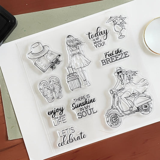 Traveling Girl Clear Stamp | Travel Lover Self Care Transparent Rubber Stamps | Card Making Craft Scrapbooking Supplies
