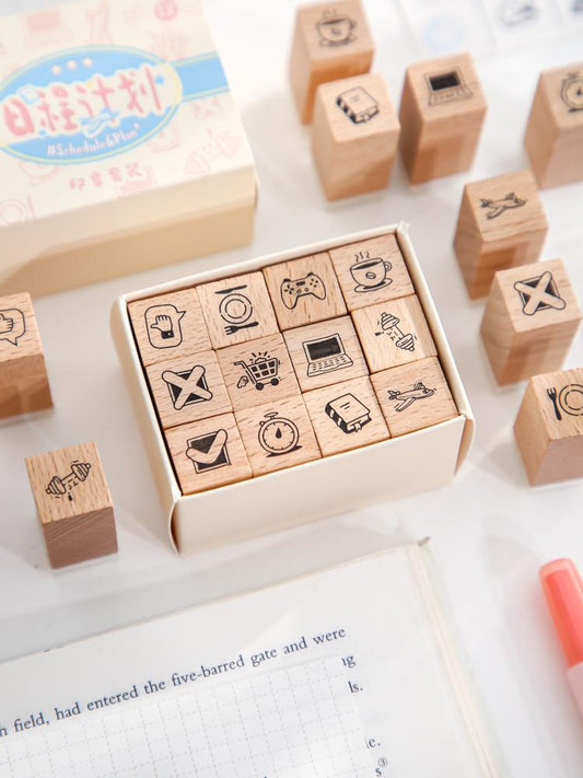 16pcs Cute Mini Icon Rubber Stamp | Wooden Stamp Set | Weather Mood Travel Study Health Daily Plan Schedule Planner  Bullet Journal Stamp