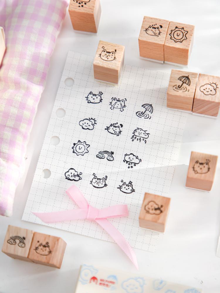 16pcs Cute Mini Icon Rubber Stamp | Wooden Stamp Set | Weather Mood Travel Study Health Daily Plan Schedule Planner  Bullet Journal Stamp