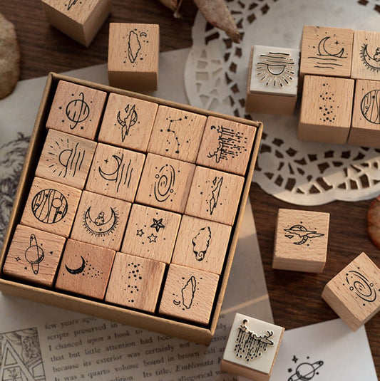 16pcs Galaxy Star Rubber Stamp | Wooden Stamp Set | Scrapbooking Stamp | Planner Stamp | Bullet Journal | Midori Traveler’s Notebook