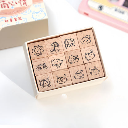 16pcs Cute Mini Icon Rubber Stamp | Wooden Stamp Set | Weather Mood Travel Study Health Daily Plan Schedule Planner  Bullet Journal Stamp