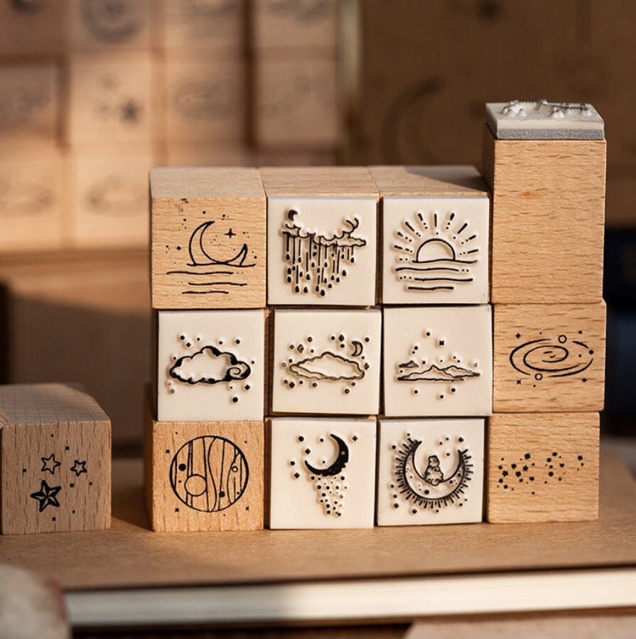 16pcs Galaxy Star Rubber Stamp | Wooden Stamp Set | Scrapbooking Stamp | Planner Stamp | Bullet Journal | Midori Traveler’s Notebook