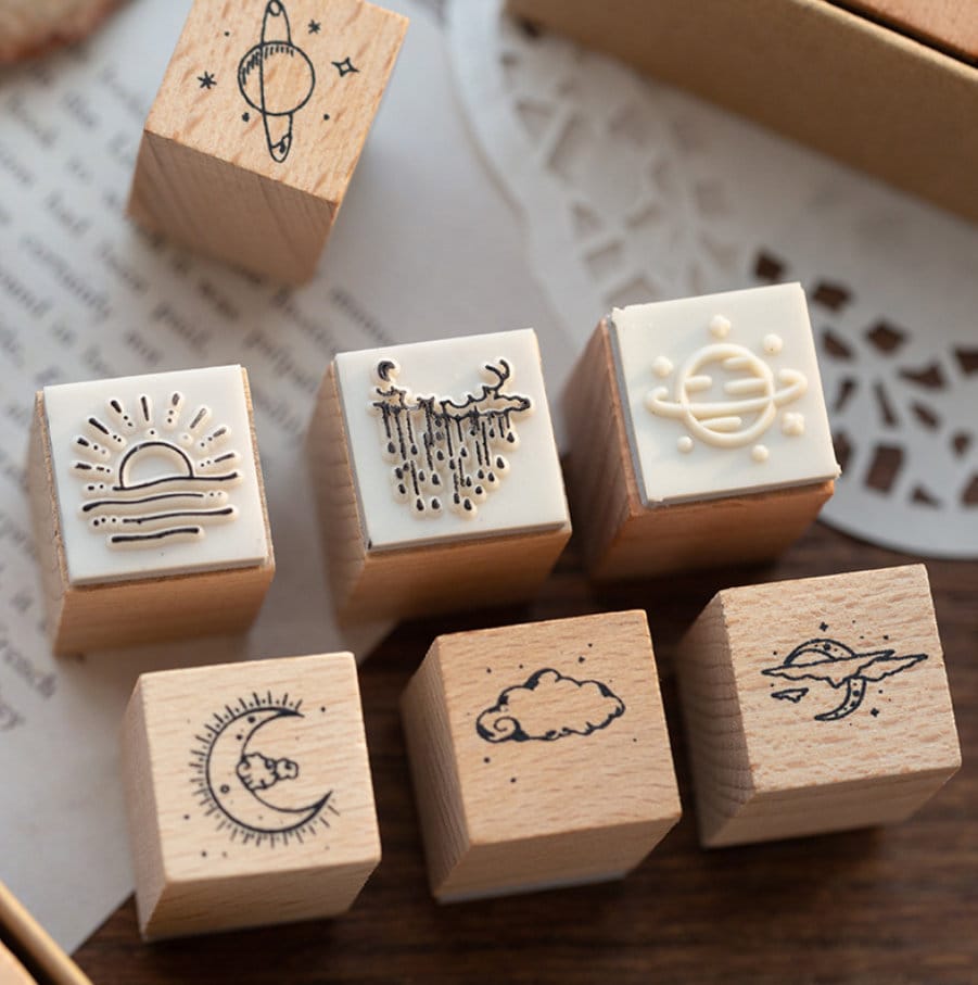 16pcs Galaxy Star Rubber Stamp | Wooden Stamp Set | Scrapbooking Stamp | Planner Stamp | Bullet Journal | Midori Traveler’s Notebook