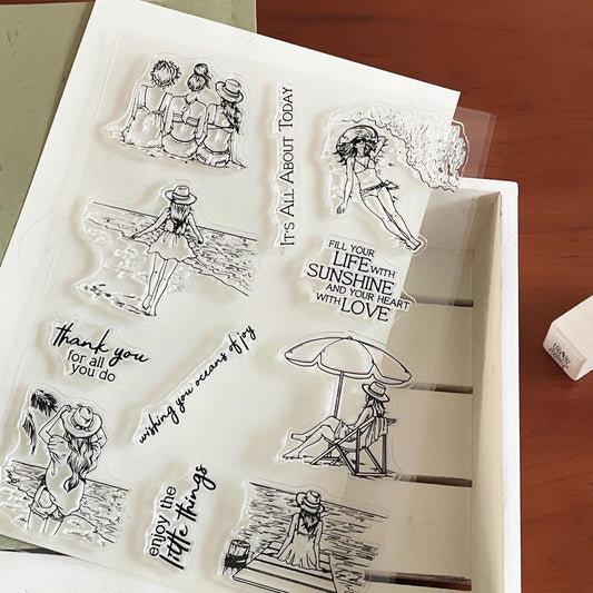 Girls on Holiday Clear Stamp | Sea Beach Sunshine Transparent Rubber Stamps | Card Making Scrapbooking Stamping Supplies
