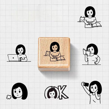 Cute Girl Daily Life Wooden Stamp | Wooden Stamp Set | Rubber Stamp | Junk Journal Scrapbooking Planner Supplies