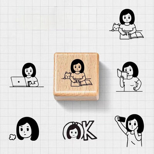 Cute Girl Daily Life Wooden Stamp | Wooden Stamp Set | Rubber Stamp | Junk Journal Scrapbooking Planner Supplies