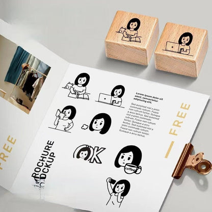 Cute Girl Daily Life Wooden Stamp | Wooden Stamp Set | Rubber Stamp | Junk Journal Scrapbooking Planner Supplies