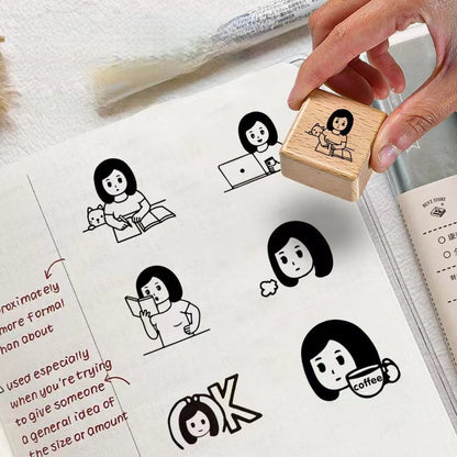 Cute Girl Daily Life Wooden Stamp | Wooden Stamp Set | Rubber Stamp | Junk Journal Scrapbooking Planner Supplies
