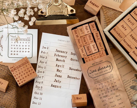 Vintage Calendar Month Week Weather Rubber Stamp | Retro Wooden Stamp Set | Moon Phase | Scrapbooking Journal Collage Planner Stamp Supplies
