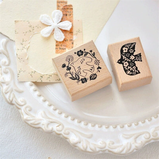 Flower Birds Rubber Stamps | Bird and Flower Wreath Wooden Stamp | Scrapbooking Junk Journal Planner Stamp