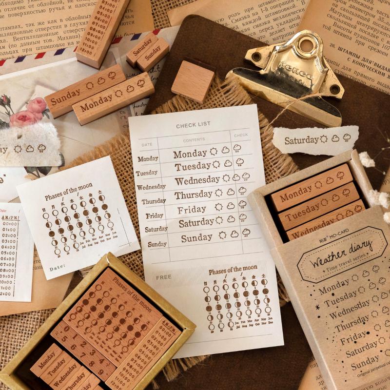 Vintage Calendar Month Week Weather Rubber Stamp | Retro Wooden Stamp Set | Moon Phase | Scrapbooking Journal Collage Planner Stamp Supplies