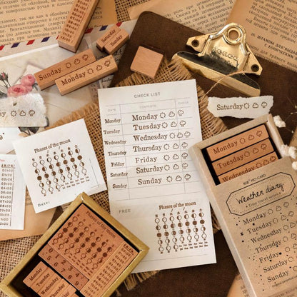 Vintage Calendar Month Week Weather Rubber Stamp | Retro Wooden Stamp Set | Moon Phase | Scrapbooking Journal Collage Planner Stamp Supplies