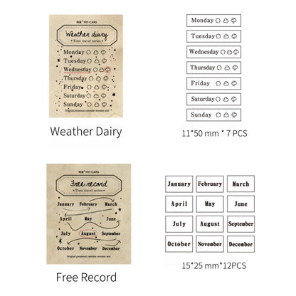 Vintage Calendar Month Week Weather Rubber Stamp | Retro Wooden Stamp Set | Moon Phase | Scrapbooking Journal Collage Planner Stamp Supplies