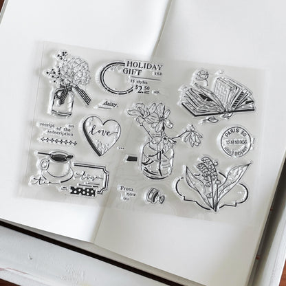 Vase Tea Book Clear Stamp | Coffee Book Lover Flower Self Care Transparent Rubber Stamps | Bullet Journal Planner Accessories Card Making