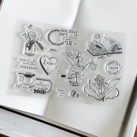Vase Tea Book Clear Stamp | Coffee Book Lover Flower Self Care Transparent Rubber Stamps | Bullet Journal Planner Accessories Card Making