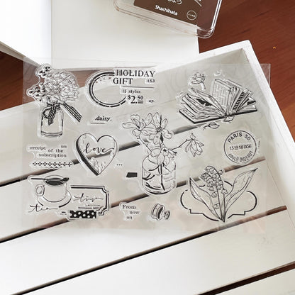 Vase Tea Book Clear Stamp | Coffee Book Lover Flower Self Care Transparent Rubber Stamps | Bullet Journal Planner Accessories Card Making