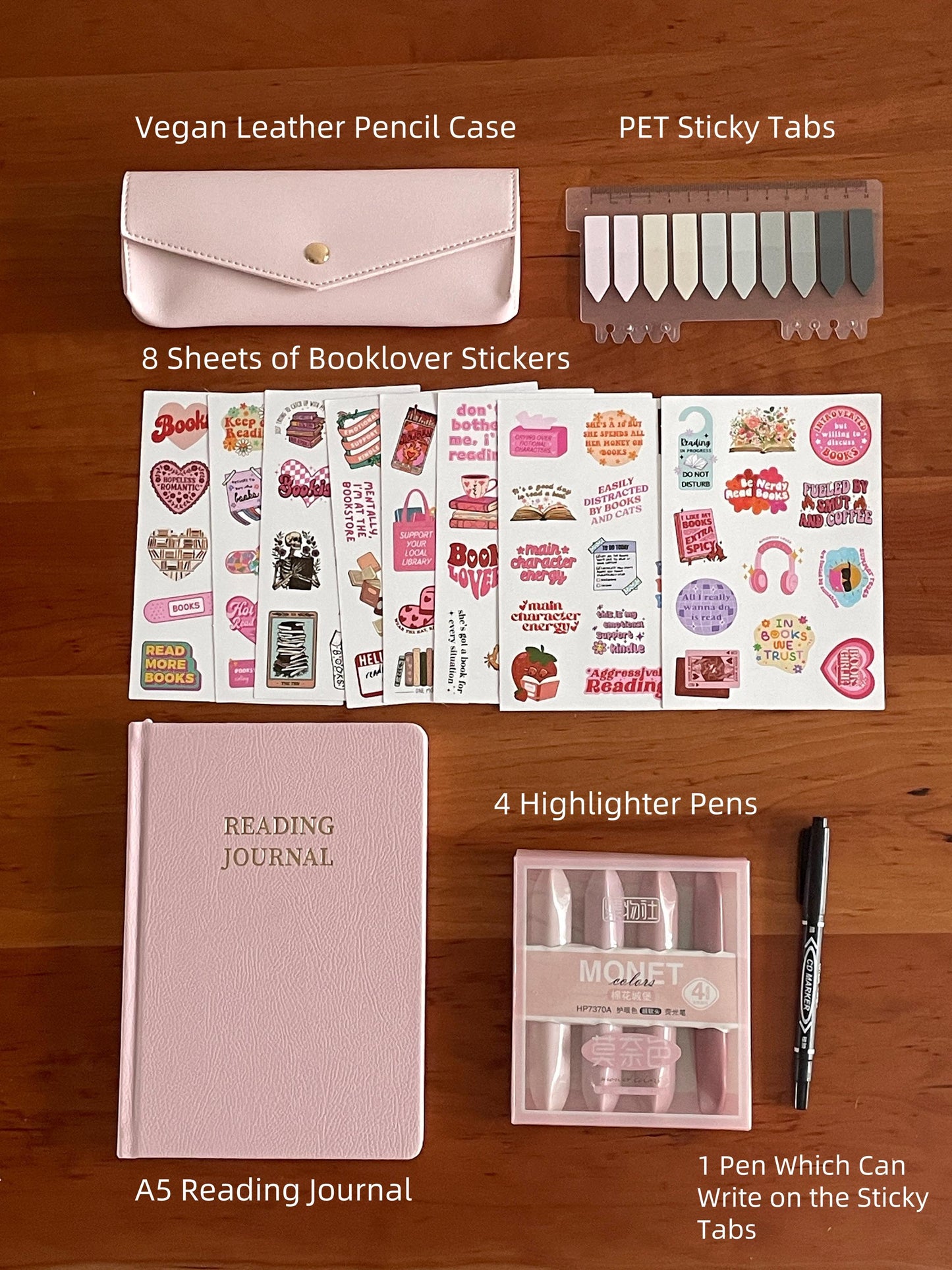 Luxury Pink Booklover Gift Set | Reading Accessories | A5 Reading Journal Stickers Book Annotation Kit | Bookworm for Her | Reading Gift