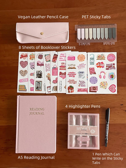 Luxury Pink Booklover Gift Set | Reading Accessories | A5 Reading Journal Stickers Book Annotation Kit | Bookworm for Her | Reading Gift