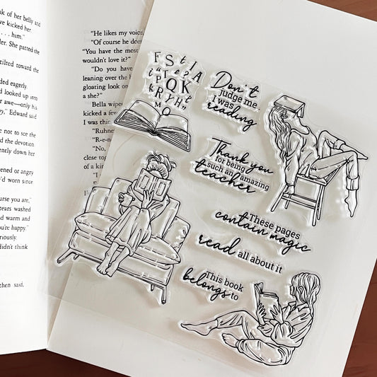 Reading Girl Clear Stamp | Book Lover Bookish Transparent Rubber Stamps | Bullet Journal Planner Accessories Craft Scrapbooking Supplies