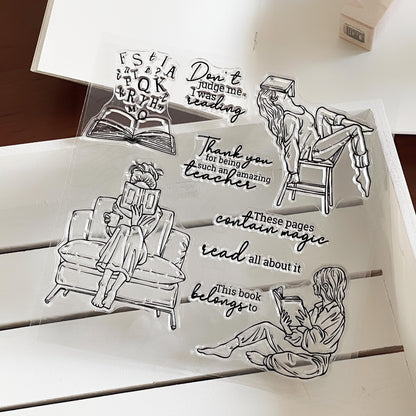 Reading Girl Clear Stamp | Book Lover Bookish Transparent Rubber Stamps | Bullet Journal Planner Accessories Craft Scrapbooking Supplies