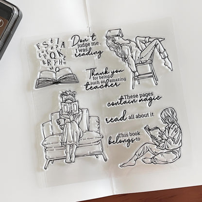 Reading Girl Clear Stamp | Book Lover Bookish Transparent Rubber Stamps | Bullet Journal Planner Accessories Craft Scrapbooking Supplies