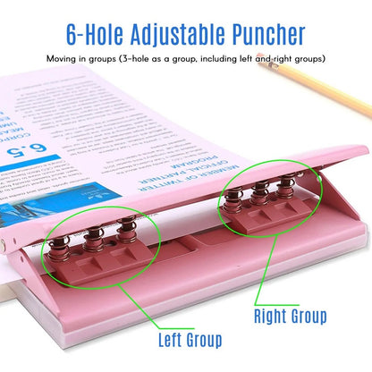 Adjustable 6 Hole Punch Standard Puncher | for 6 Ring Binder | A4 A5 A6 Personal A7 | Planner Refills Punch | Loose-Leaf Paper Puncher