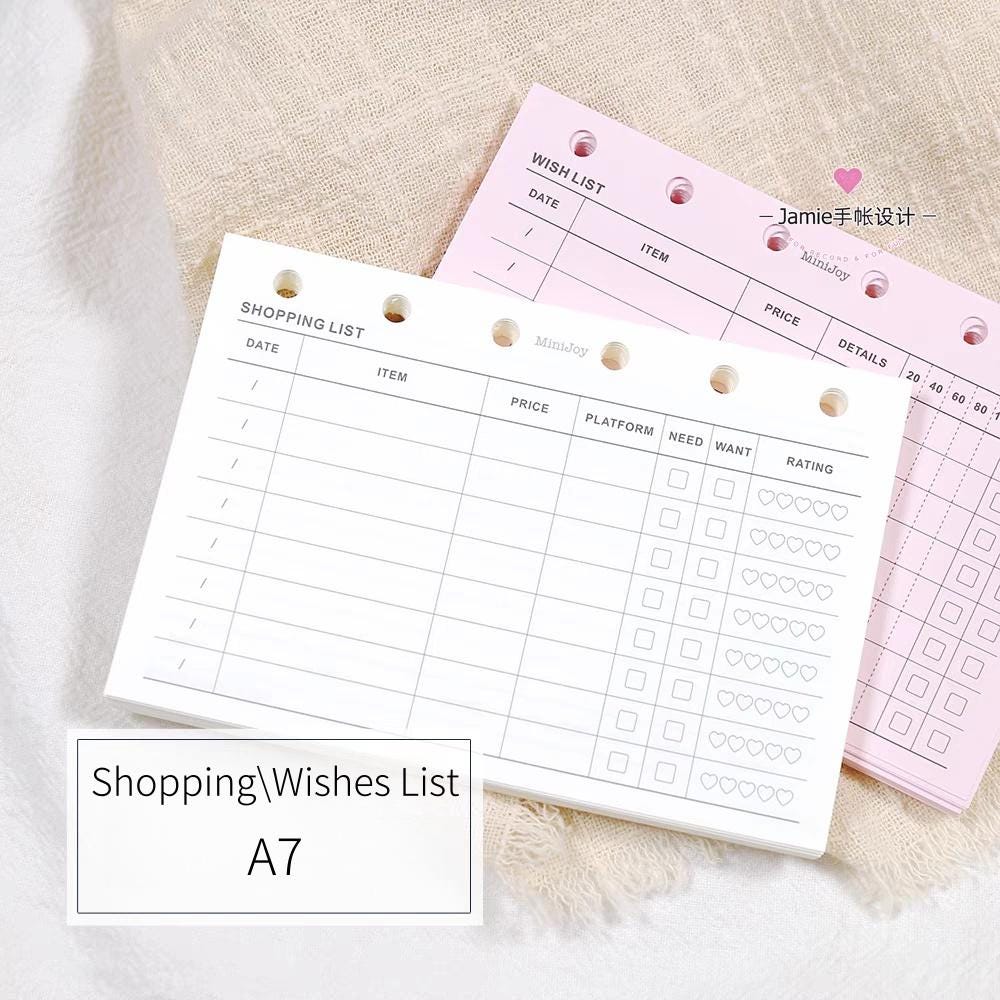 A7 Shopping List Wish List Planner Inserts | 40 Sheets | 120gsm Paper | 6 Ring Binder Printed Planner Refills