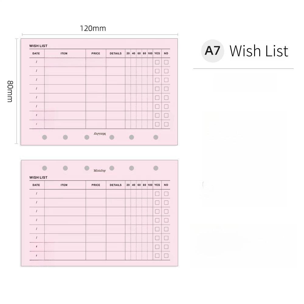 A7 Shopping List Wish List Planner Inserts | 40 Sheets | 120gsm Paper | 6 Ring Binder Printed Planner Refills