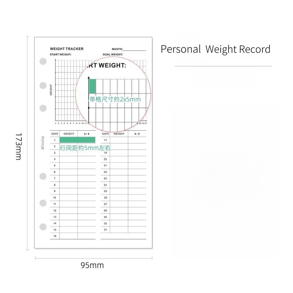 Weight Tracker Record Printed Planner Inserts | A7 Personal Size | 120gsm Paper | 6 Ring Binder Planner Refills | Health Wellness Diet