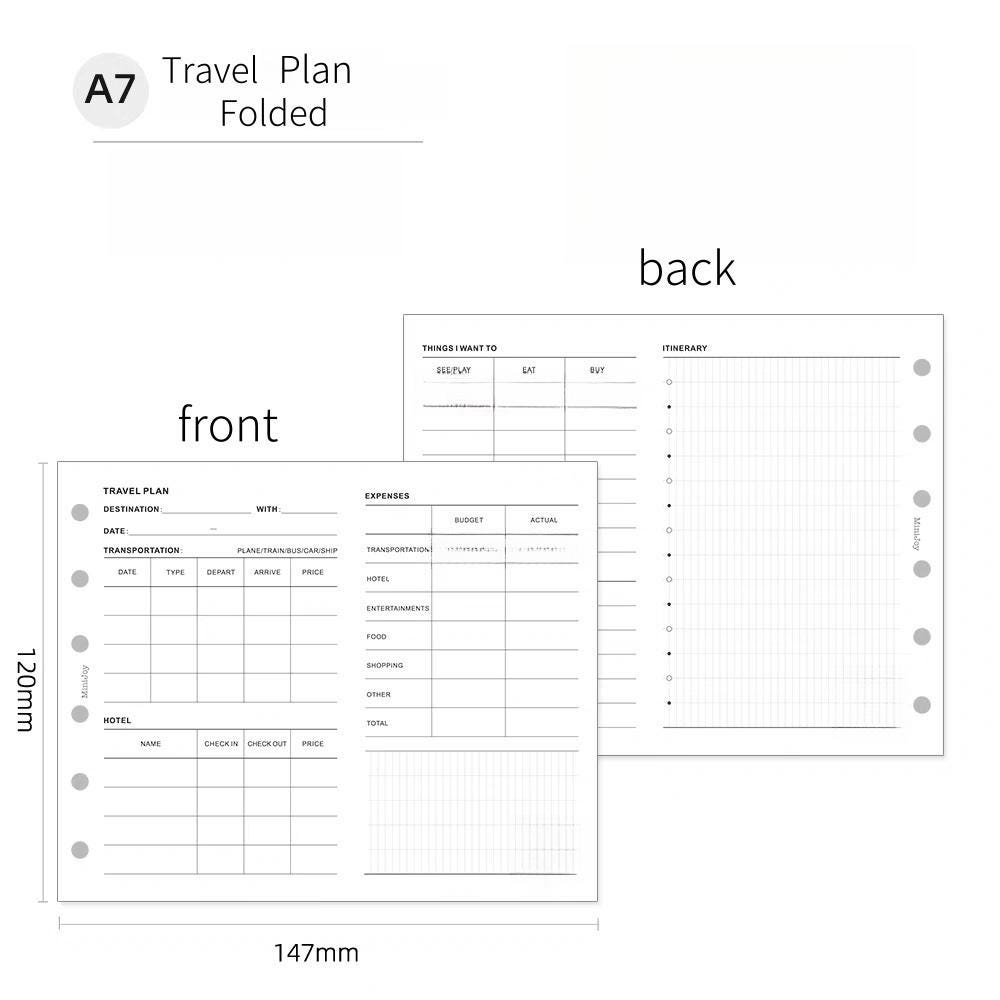 A7 Travel Plan Printed Planner Inserts | 120gsm Paper | 6 Ring Binder Planner Refills | Travel Log Record Inserts