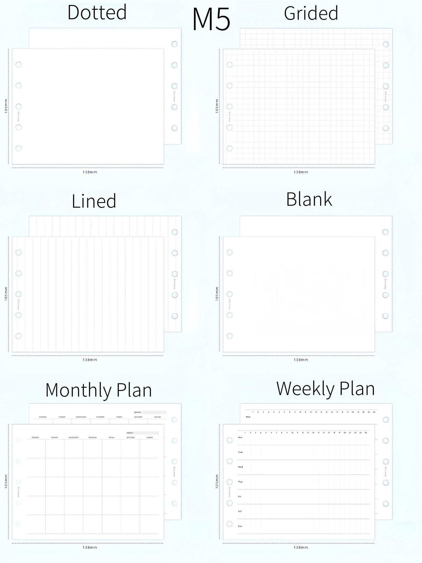 A7 M5 Printed Planner Inserts | Fold Out Binder Inserts Refills | Monthly Weekly Plan Grided Dotted Ruled Lined Blank Loose-leaf Refills