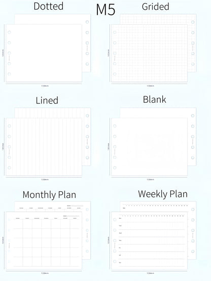 A7 M5 Printed Planner Inserts | Fold Out Binder Inserts Refills | Monthly Weekly Plan Grided Dotted Ruled Lined Blank Loose-leaf Refills