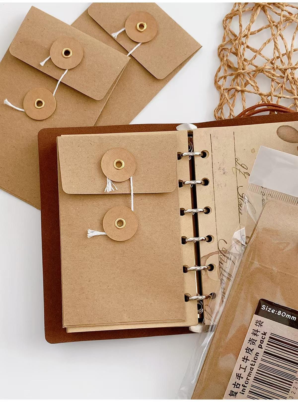 M5 A7 String Tie Envelope | Kraft Brown Paper Envelope | Binder Planner Organizer |  Insert Pocket |  Kraft Envelope for Planner