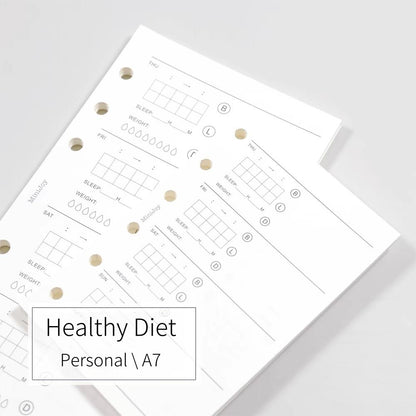 A7 Personal Weekly Health Diet Printed Planner Inserts | 120gsm Paper | 6 Ring Binder Planner Refills | Food Meal Sleep Weight Record