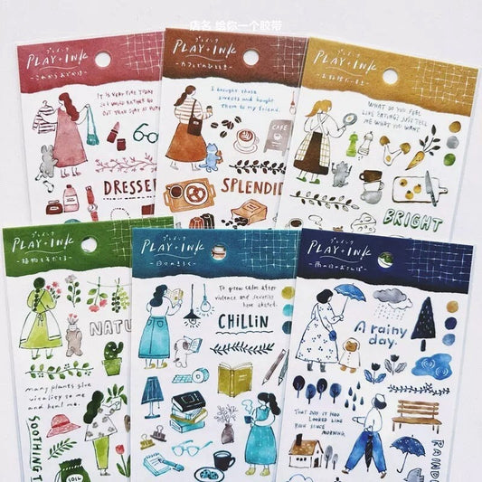 Mind Wave Play Ink Japanese Stickers | Watercolor Fashion Plant Book Cook Decorative Stickers | Cute Planner Journal Collage Supplies