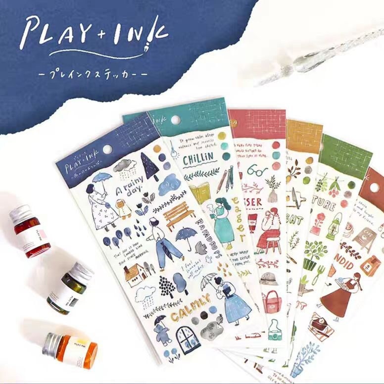 Mind Wave Play Ink Japanese Stickers | Watercolor Fashion Plant Book Cook Decorative Stickers | Cute Planner Journal Collage Supplies
