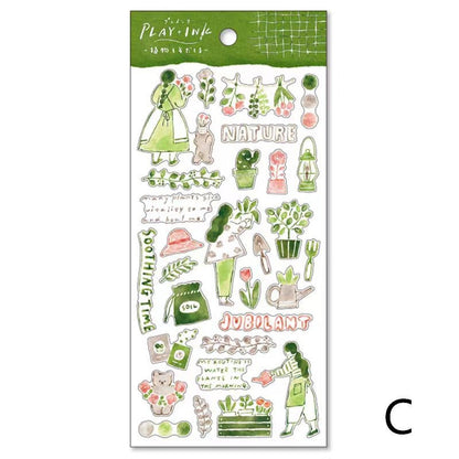 Mind Wave Play Ink Japanese Stickers | Watercolor Fashion Plant Book Cook Decorative Stickers | Cute Planner Journal Collage Supplies