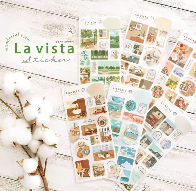 Mind Wave La Vista Japanese Stickers | Watercolor Landscape Cafe Plant Room Flower Planner Decorative Stickers | Journal Collage Supplies