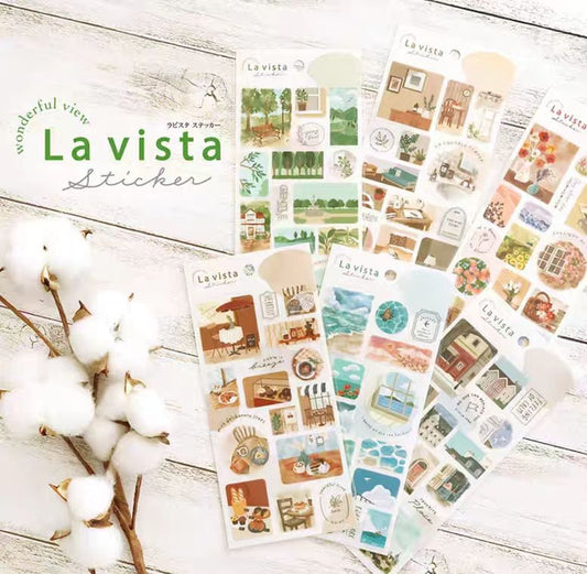 Mind Wave La Vista Japanese Stickers | Watercolor Landscape Cafe Plant Room Flower Planner Decorative Stickers | Journal Collage Supplies