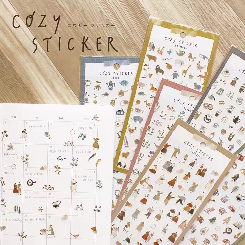Mind Wave Cozy Washi Stickers | Japanese Stickers Stationery | Flower Coffee People Animal Life Decorative Stickers | Planner DIY Supplies