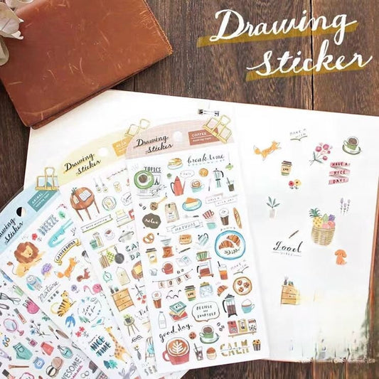 Mind Wave Drawing Japanese Stickers | Fashion Flower Coffee Study Room Animal  Decorative Stickers | Planner Journal Collage Supplies
