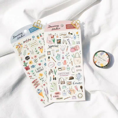 Mind Wave Drawing Japanese Stickers | Fashion Flower Coffee Study Room Animal  Decorative Stickers | Planner Journal Collage Supplies