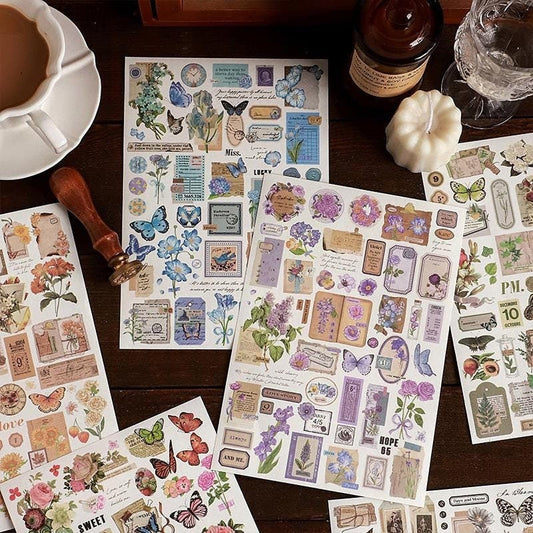 Retro Flower Butterfly Stickers | Planner Sticker Set｜Junk Journal Bullet Journal Deco Stickers | Scrapbooking Collage Craft Supplies