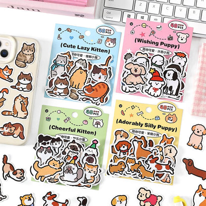 40pcs Cute Puppy Kitten Sticker | Cute Handdrawn Cat Stickers | Kawaii Animal Planner Stickers Junk Journal Scrapbooking Supplies