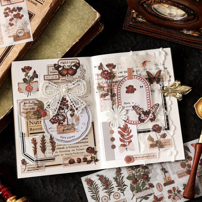 Vintage Nature-themed Washi Sticker Sheet | Retro Flower Plant and Butterfly Design for Scrapbooking and Journaling | Planner Deco Stickers