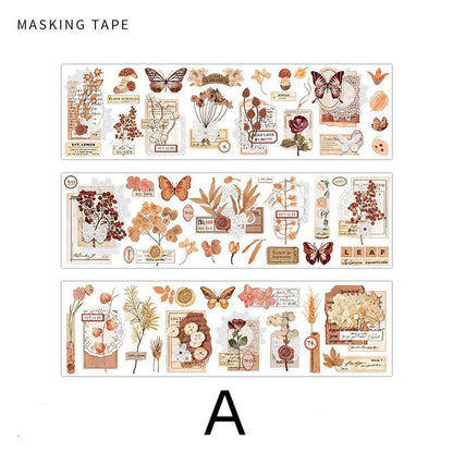 Vintage Nature-themed Washi Sticker Sheet | Retro Flower Plant and Butterfly Design for Scrapbooking and Journaling | Planner Deco Stickers