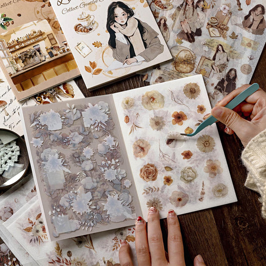 10 Sheets Vintage Watercolor Sticker Book | Girl Coffee Butterfly Flower Stickers | Collage Junk Journal Journaling DIY Supplies