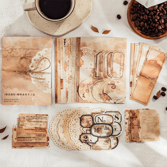 65pcs Coffee Stain Material Paper Pack | Retro Vintage Junk Journal Kit | Lable Memo Background Paper | Journaling Scrapbooking Supplies
