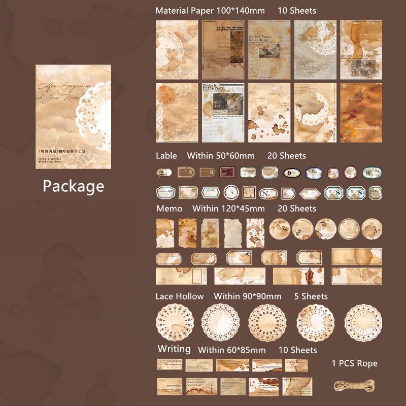 65pcs Coffee Stain Material Paper Pack | Retro Vintage Junk Journal Kit | Lable Memo Background Paper | Journaling Scrapbooking Supplies
